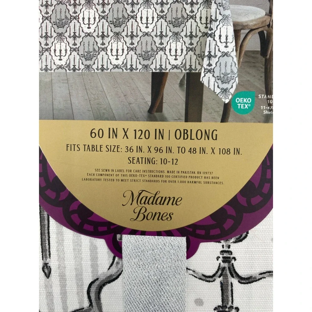 Madame Bones Tablecloth Halloween 60x120 Oblong Grey Gothic Skull Candelabra